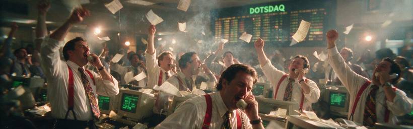 The DOTSDAQ trading floor at full frenzy, 1999.