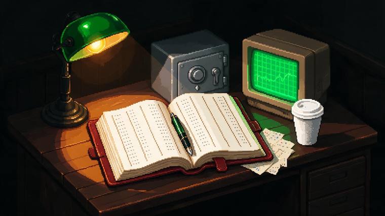 An open ledger under a green banker's lamp, a steel safe and a glowing monitor behind it.