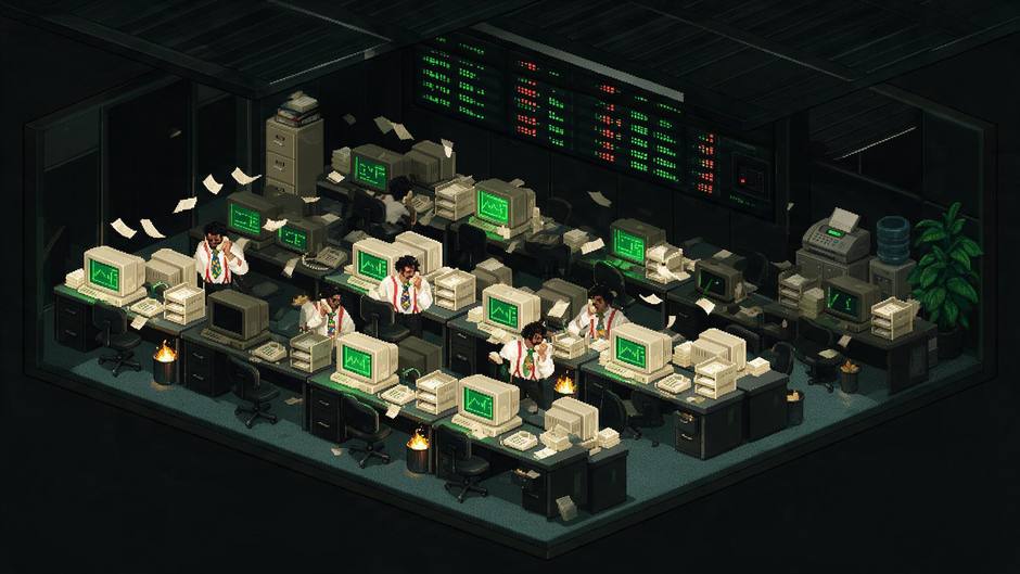 Isometric cutaway of the DOTSDAQ trading floor: rows of desks, some with brokers and glowing green monitors and a fire in the wastebasket, others empty with dead black screens.