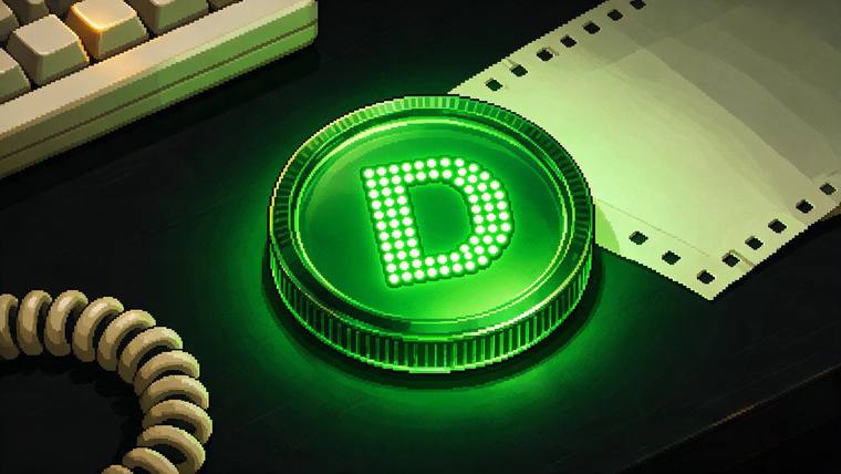 A thick glowing green token stamped with a dot-matrix letter D, lying on tractor-feed paper.